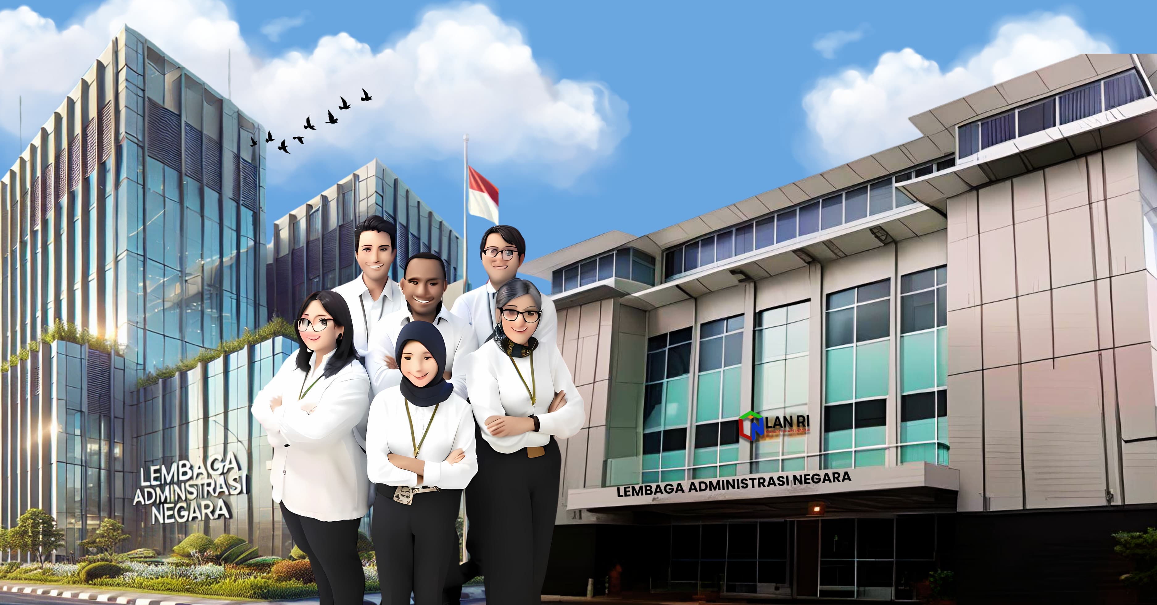 Illustration of Lembaga Administrasi Negara building with cartoon characters